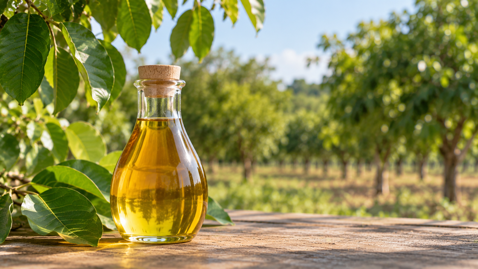 Pongamia oil in glass bottle with seeds
